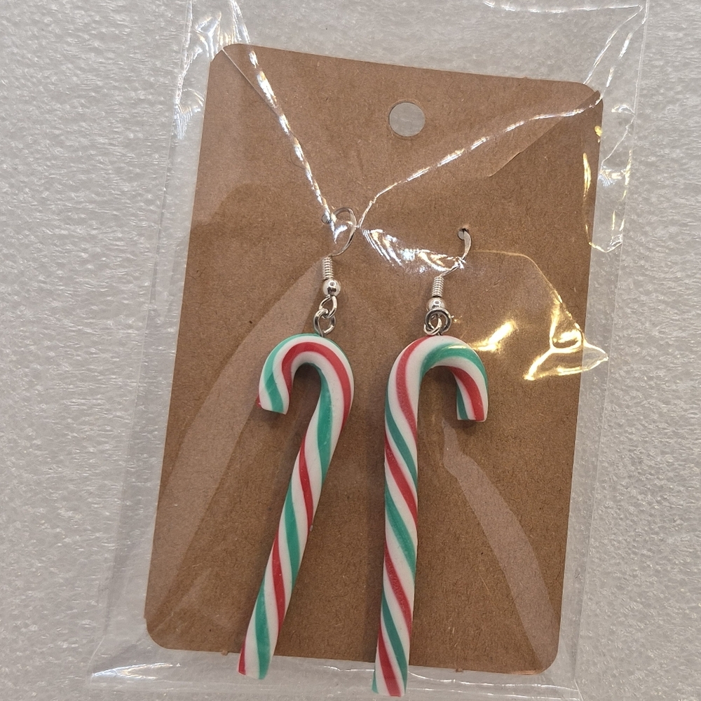 Festive Candy Cane Dangle Earrings - Red, White & Green